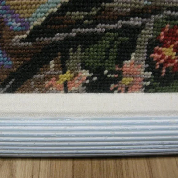 Custom Blue Framed Needlepoint Patio Floral Scene Framed Art Picture 13 x 18 - Picture 8 of 10